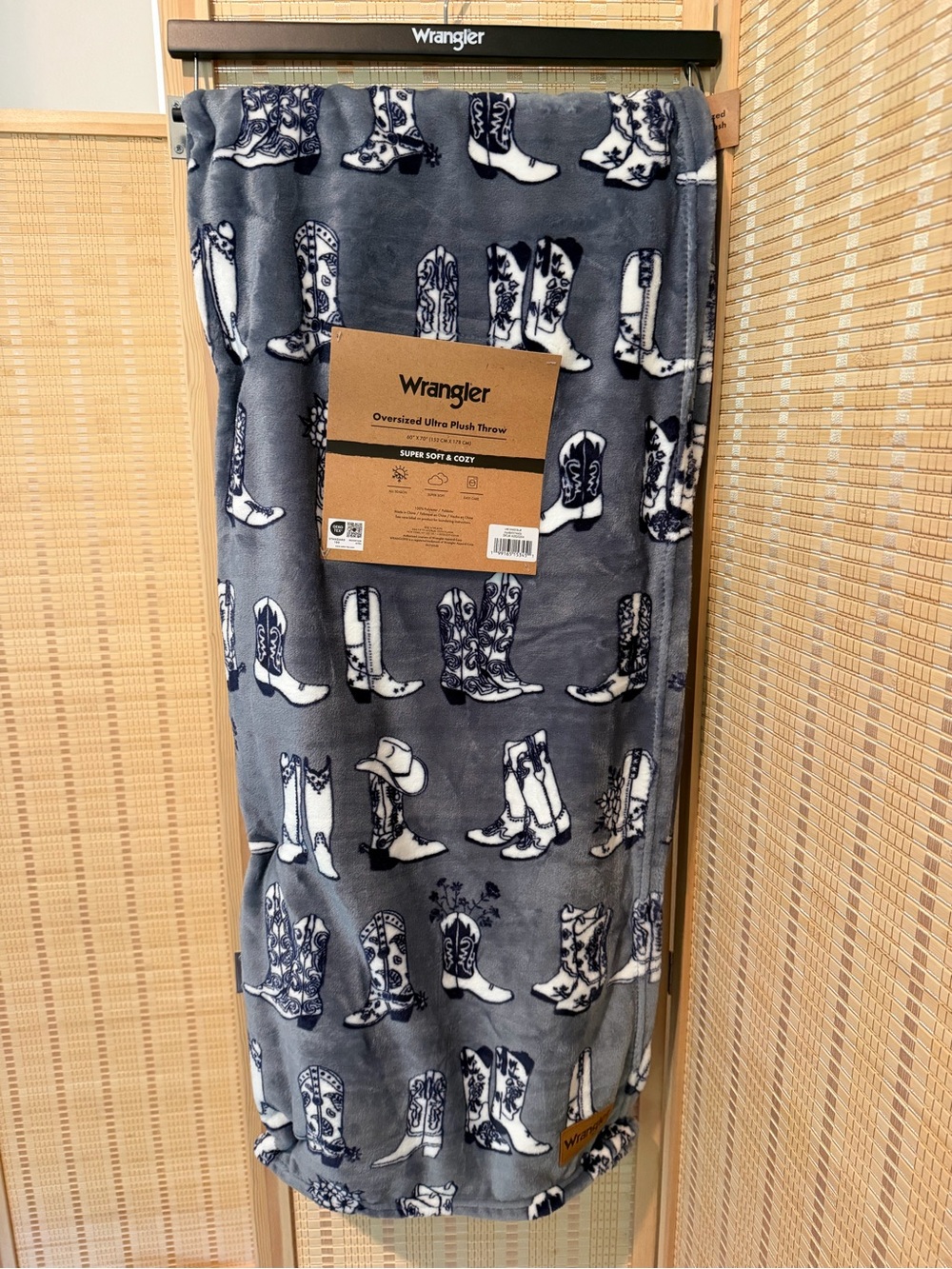 Wrangler Slate Blue & White Cowboy Boot Plush Throw